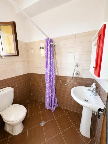 a bathroom with a toilet and a sink at Hotel Marino in Baks-Rrjoll
