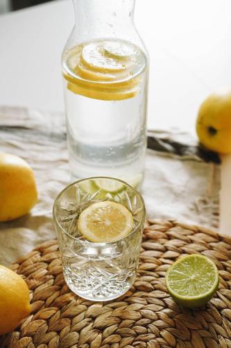 a glass of water with a slice of lime and a bottle at La Masia Costa Brava -Adults Only in Garrigás
