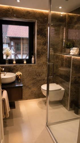 a bathroom with a shower and a toilet and a sink at House in Obernai in Obernai