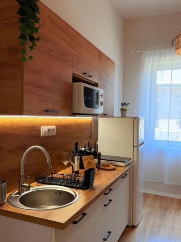 a kitchen with a sink and a refrigerator at Hedera Home in Komárno