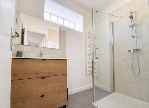 a bathroom with a shower and a sink at La Maison du Clain in Jaunay-Clan