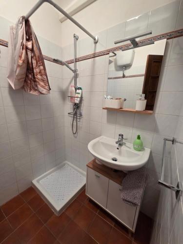 a white bathroom with a sink and a shower at Il Casaletto di Simeone in Amelia