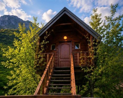 a wooden cabin with stairs leading to a door at TreeHouse Experience in Vusanje