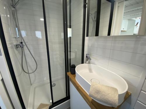 a bathroom with a sink and a shower at Tiny House WICA in Königs Wusterhausen