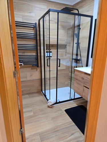 a bathroom with a shower and a glass door at LC's Guesthouse in Lagos