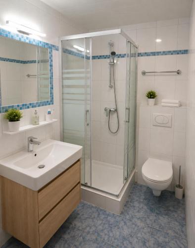 a bathroom with a shower and a sink and a toilet at Landhotel Waldmühle in Sankt Georgen im Attergau