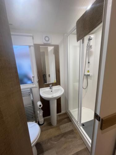 a bathroom with a toilet and a sink and a shower at Beautiful 3 Bed Caravan with Views & Decking in Mortehoe