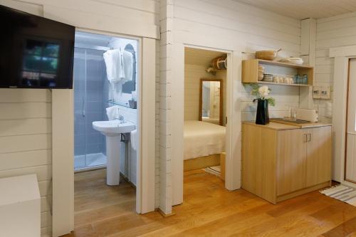 a small bathroom with a sink and a toilet and a sink at Bungalow Camping Los Manzanos in Santa Cruz de Oleiros