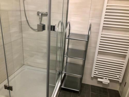 a shower with a ladder next to a bath tub at Ferienwohnung "Ankerplatz" mit 2 Schlafzimmern in Rheinsberg
