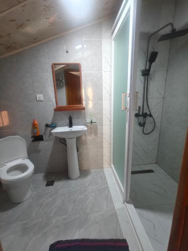 a bathroom with a toilet and a sink and a shower at Mansarda parkview Hotel in Nyagatare
