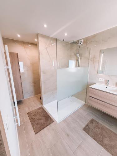 a bathroom with a shower and a sink at AirportHouse in Charleroi