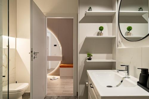 a bathroom with a sink and a toilet and a mirror at A&R Residence Nest in Arad