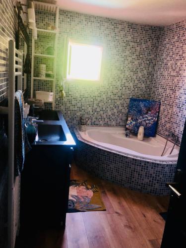 a bathroom with a tub and a sink and a window at Villa Stella in Montauban