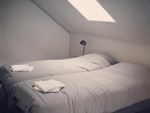 two white beds in a room with a skylight at De oude statie in Tessenderlo