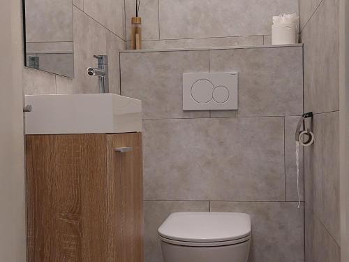 a bathroom with a white toilet and a sink at De oude statie in Tessenderlo