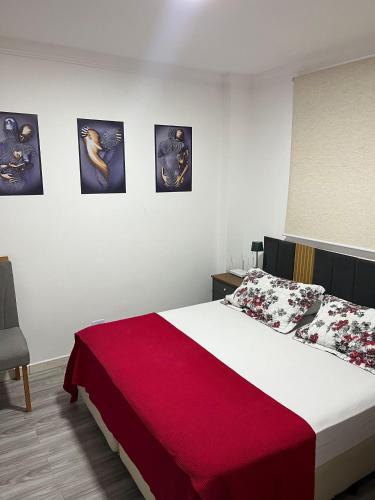 a bedroom with a large bed with a red blanket at Apartamento Central in Montes Claros