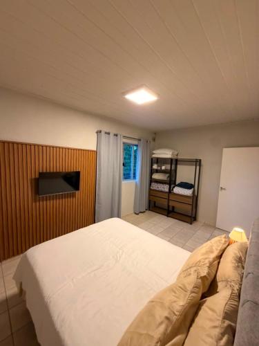 a bedroom with a large white bed and a tv at Apto centro 03 in Tubarão