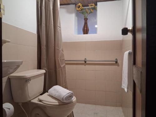 a bathroom with a toilet and a vase of flowers at Fonte di vita in Duitama