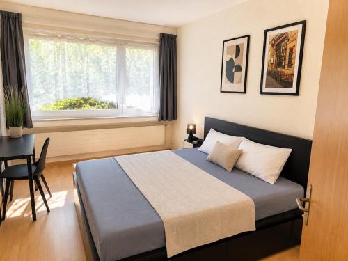 a bedroom with a bed and a desk and a window at Die möblierten Apartments in Triesen