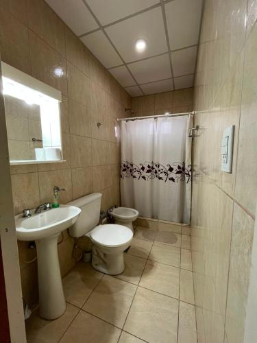 a bathroom with a toilet and a sink and a shower at Jade in Chajarí