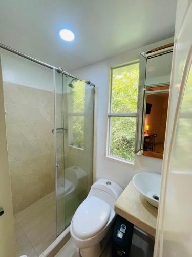 a bathroom with a shower and a toilet and a sink at Hotel Mall Roma in Pereira