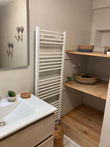 a bathroom with a sink and a mirror and shelves at Le Moulin de Bisanne in Villard-sur-Doron