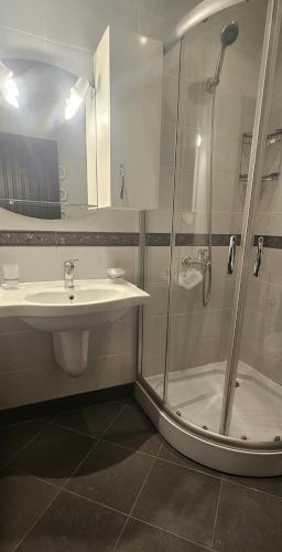 a bathroom with a shower and a sink and a showerspective at Sun Sea 2 in Shkorpilovtsi