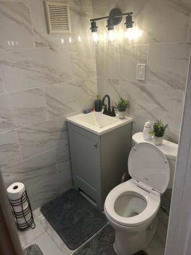 a white bathroom with a toilet and a sink at Private basement apartment with separate entrance in Yonkers