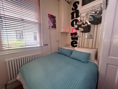 a bedroom with a bed with blue pillows and a window at Two Top Central Artisan Beach Studios - separate Spa Cabin in Brighton & Hove