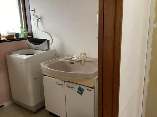 a bathroom with a sink and a washing machine at いちご荘 in Ichihara
