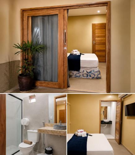 two pictures of a hotel room with a bed and a bathroom at Pousada Numei de Jeri in Jericoacoara