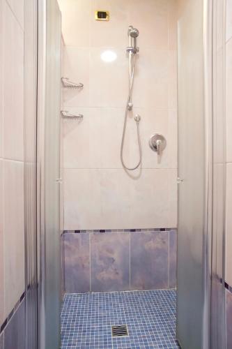 a bathroom with a shower with a blue tile floor at Euroterme in Bagno di Romagna