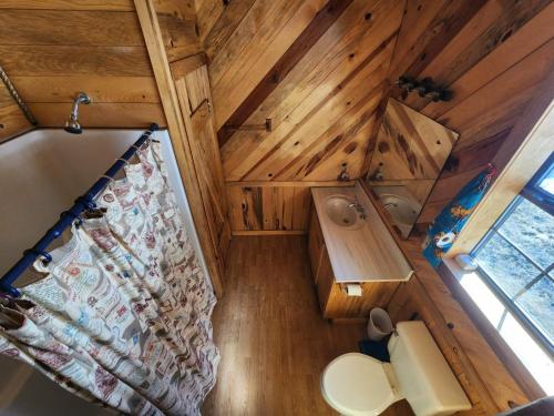 an overhead view of a bathroom in a tiny house at Beaver Creek Guest Ranch in Blue