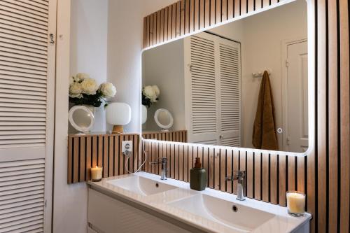 a bathroom with a sink and a large mirror at Villa Madame in Saint Martin