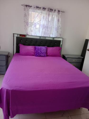 a bedroom with a purple bed with purple pillows at Cozy Room with fast Internet & Netflix in Whitehall
