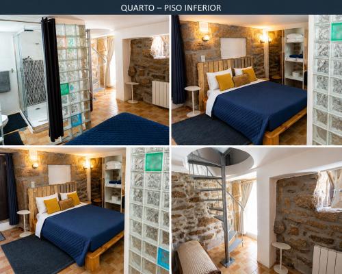 a collage of four pictures of a room at Casa Aninhas in Sabrosa