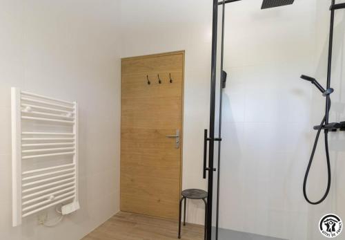 a bathroom with a shower and a wooden door at La busquette in Villaudric