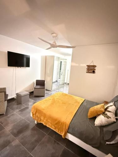 a bedroom with a bed and a flat screen tv at Soleya Studio in Le Moule