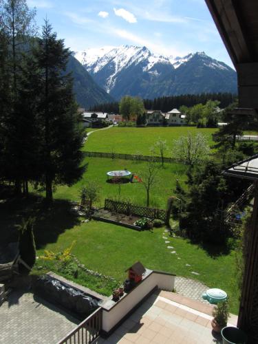 a view of a garden with mountains in the background at Apartments Nindl in Neukirchen am Großvenediger