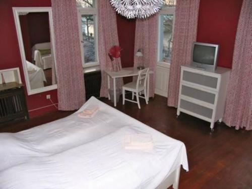 Schlafzimmer mit einem Bett, einem TV und einem Tisch in der Unterkunft Hemingway`s Heidelberg Hostel in Heidelberg