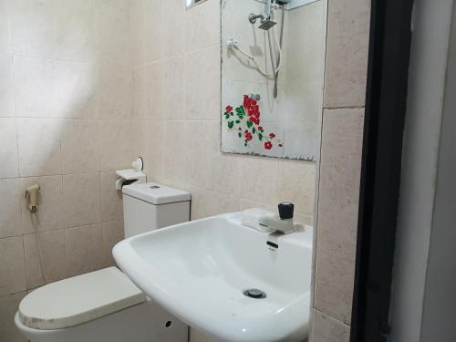 a bathroom with a white sink and a toilet at Wild View Stay in Habarana