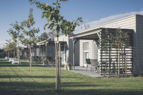 a house with a pergola and chairs in the grass at Ramios bitės in Palanga