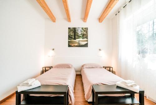 two beds in a room with white walls at Affitta camere LUNAR in Borgo