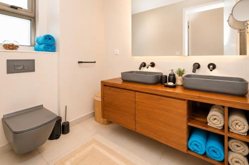 a bathroom with a sink and a toilet and a mirror at SALTA apartment l Complex Ocean terraces in Poste Lafayette