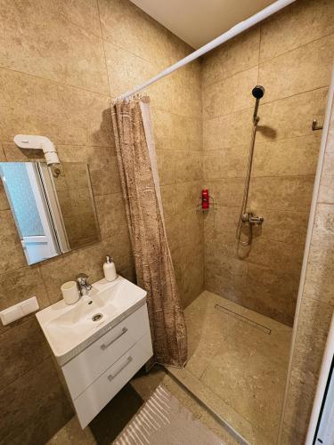 a bathroom with a shower and a sink and a mirror at Marsas 2 in Zarasai