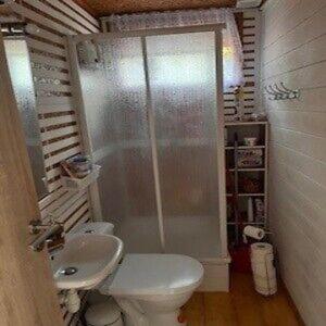 a bathroom with a shower and a toilet and a sink at Ostrzycki Raj in Pierszczewo