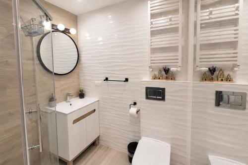 a bathroom with a toilet and a sink and a mirror at Willa Apart 19A in Karpacz