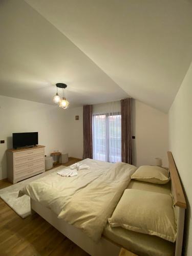 a bedroom with a large bed and a television at Alpine Grace Retreat in Novaci-Străini
