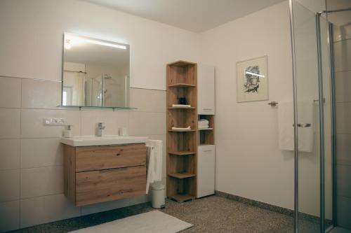 a bathroom with a sink and a mirror and a shower at Ferienhaus Allmunzen in Witzmannsberg