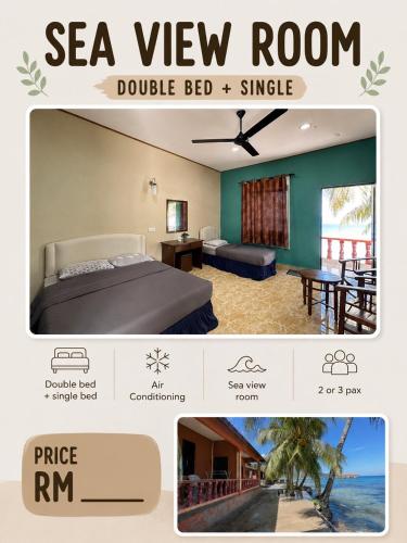 a flyer for a sea view room with a bed and a bedroom at SPC or SP Barakah at ABC Air Batang Village in Tioman Island